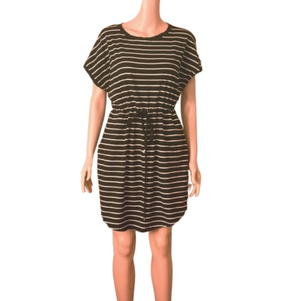 Women's Striped T Shirt Dress L Black & White Short Sleeve Draw String Waist